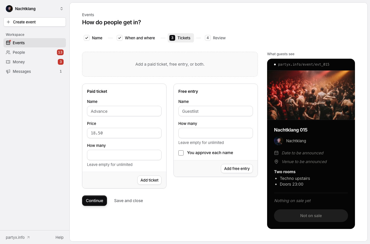Admin console: building an event's tickets, with the guest view beside it