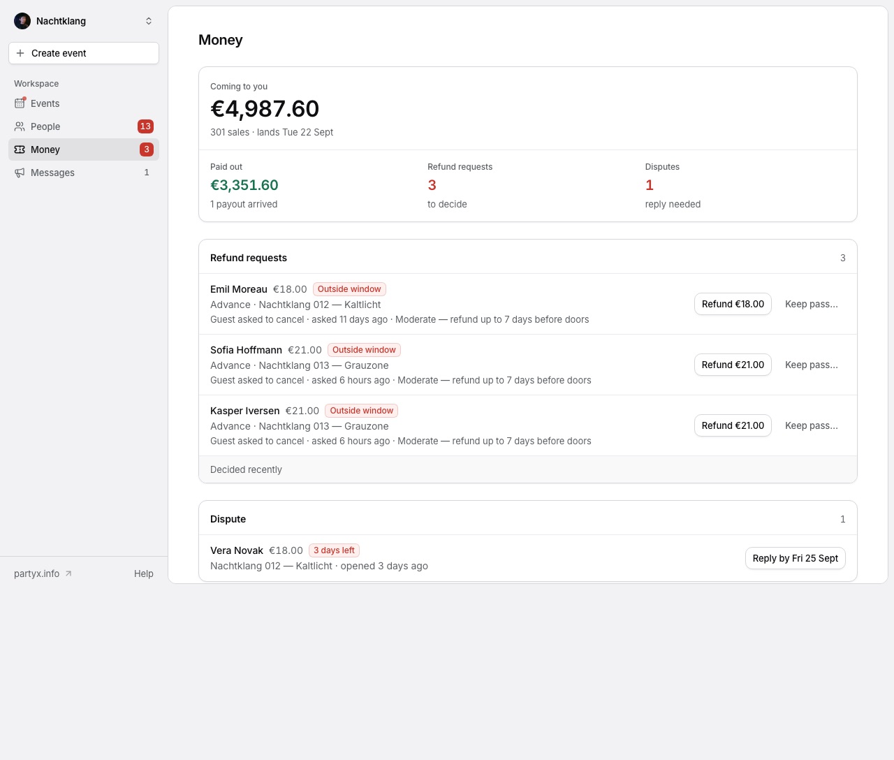 Admin console I built: money coming in, refund requests and a dispute to answer