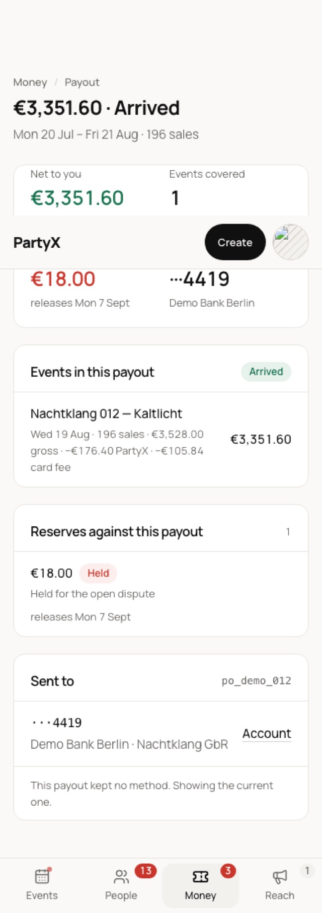 Host console on a phone: payout arrived
