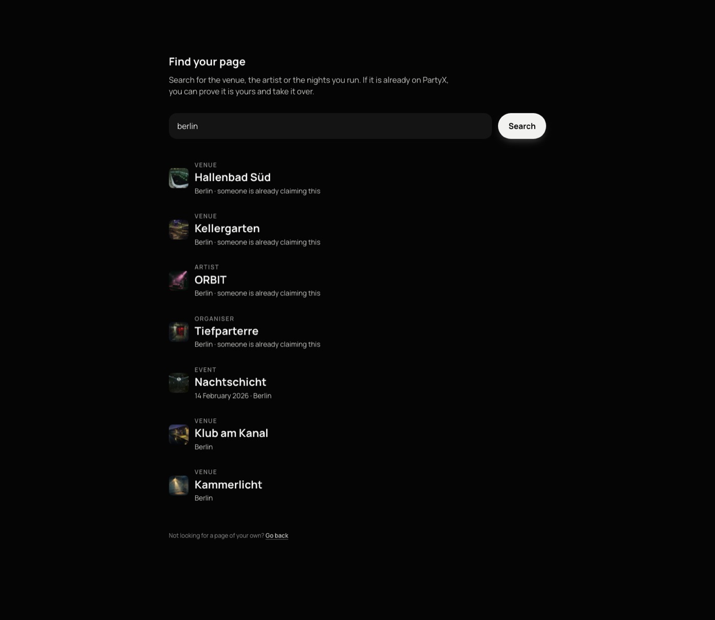 Onboarding: find your venue or night