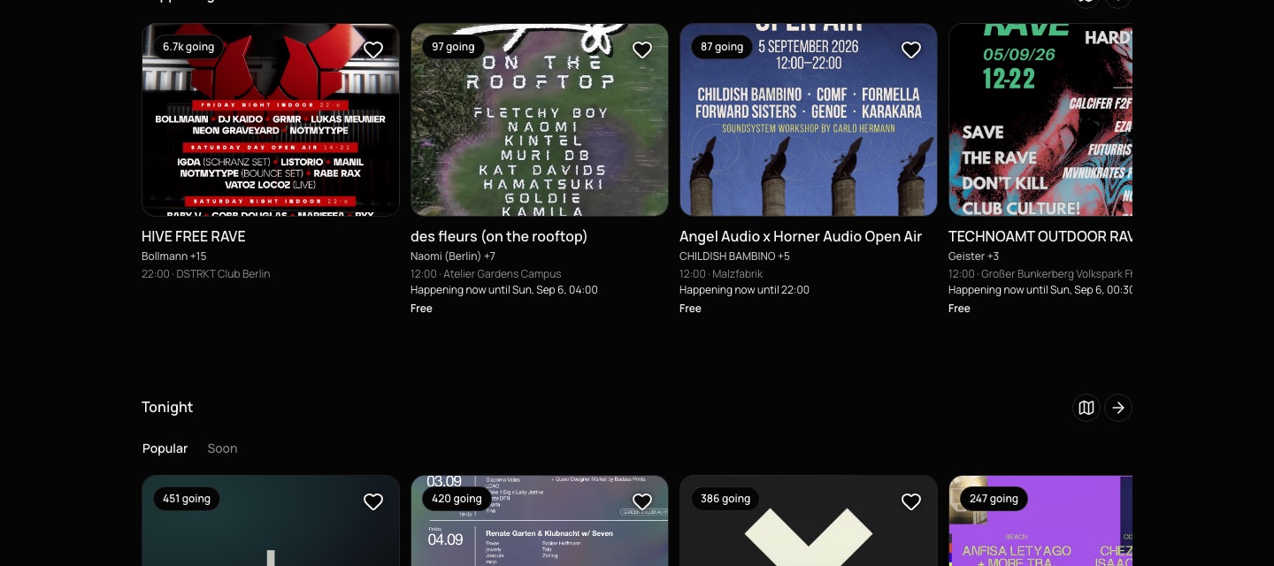 PartyX guest app on desktop: events happening now in Berlin